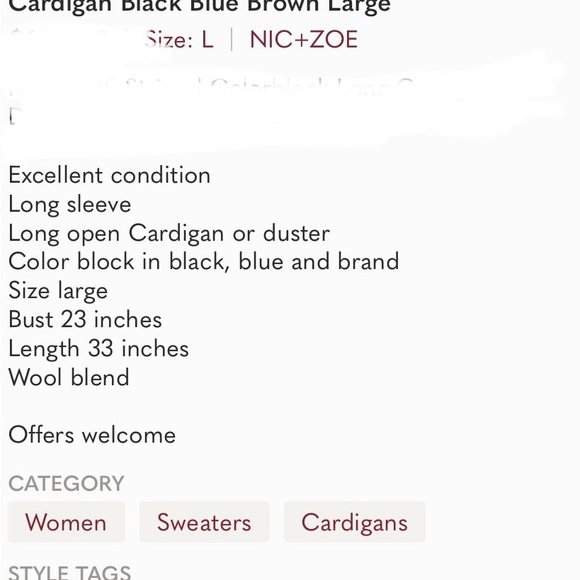 Nic and Zoe Color Block Duster Blue/Black/Brown Sz L Ret $168 - Picture 10 of 10